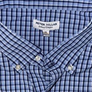 Peter Millar Summer Comfort Long Sleeve Button Down Men's XL Blue White Plaid